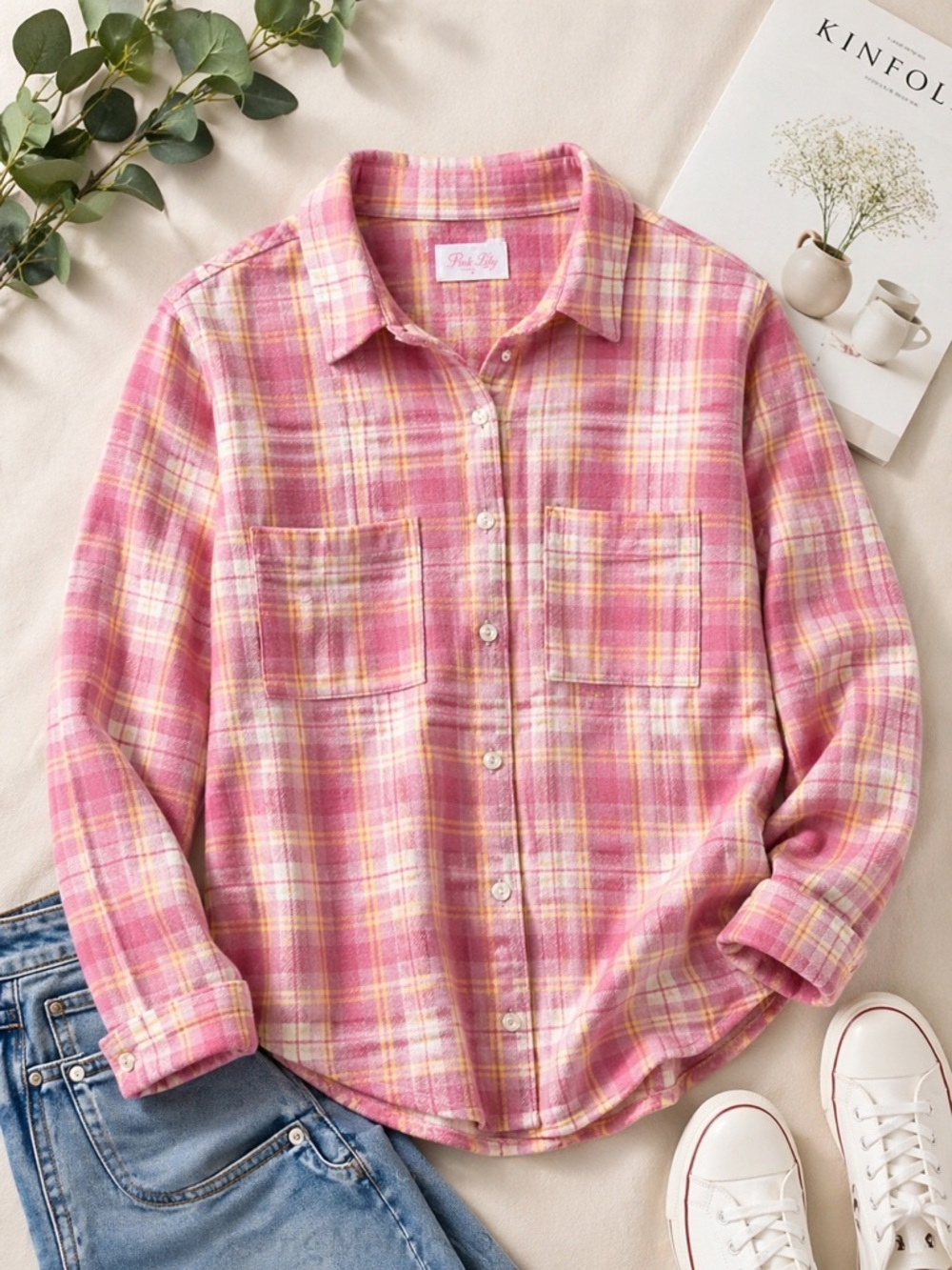 Pink Lily Plaid Shirt in Pink and Yellow